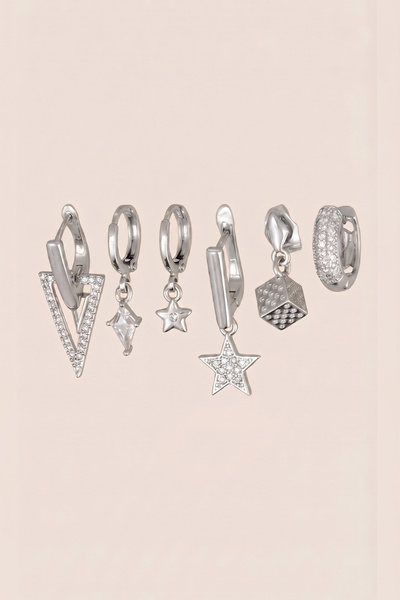 Hetra Silver Color Zircon Stone Triangle Star and Dice Dangle Earrings Set of 6