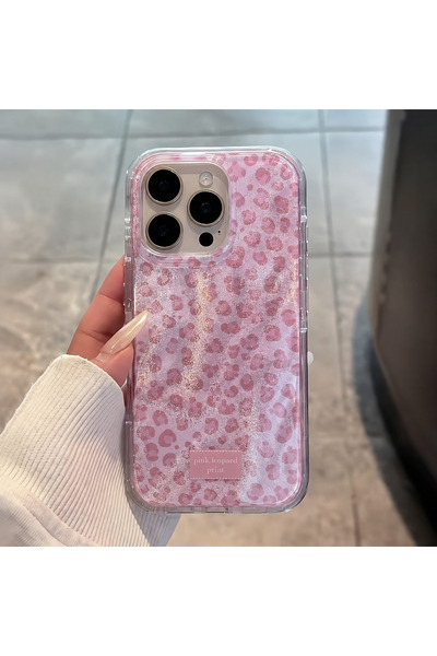 MustCase iPhone 15 Pro Max Uyumlu Pembe Leopar Desenli Şeffaf Simli Telefon K...