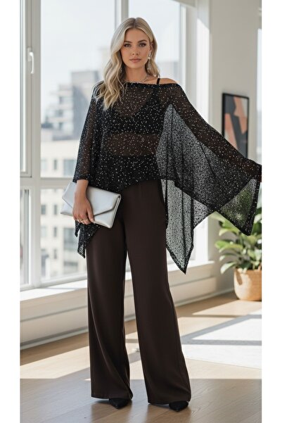 yeditepe fashion Asymmetrical Cut Sparkling Beach Poncho