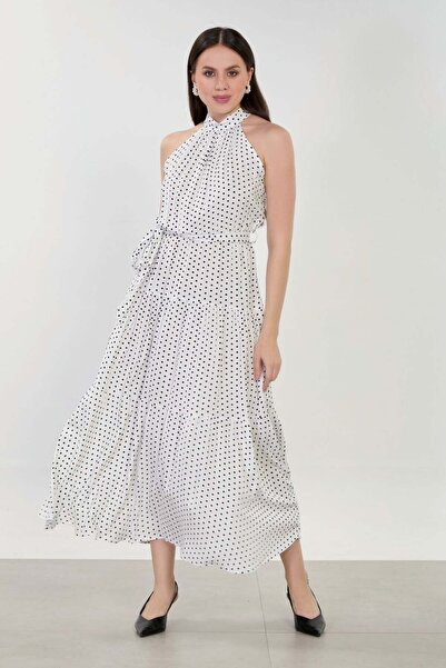 BARRELS AND OIL Women's Halter Neck Polka Dot Long Dress - White