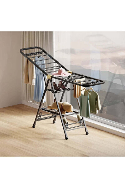 Vivendo Μεταλλική απλώστρα ρούχων 180x130 εκ., πτυσσόμενη, με ρόδες, ράφι παπ...