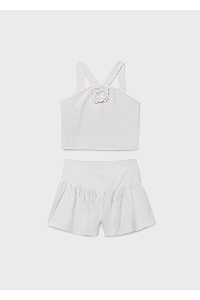 MAYORAL Girl's White Shorts Skirt Set with Floral Detail on the Front