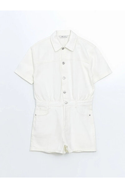 LC Waikiki Ecru Shirt Collar Women's Jean Jumpsuit