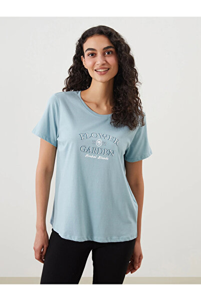 LC Waikiki Blue Crew Neck Printed Women's Pajama Top