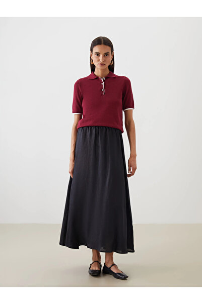 LC Waikiki Black Elastic Waist 100% Linen Flared Skirt