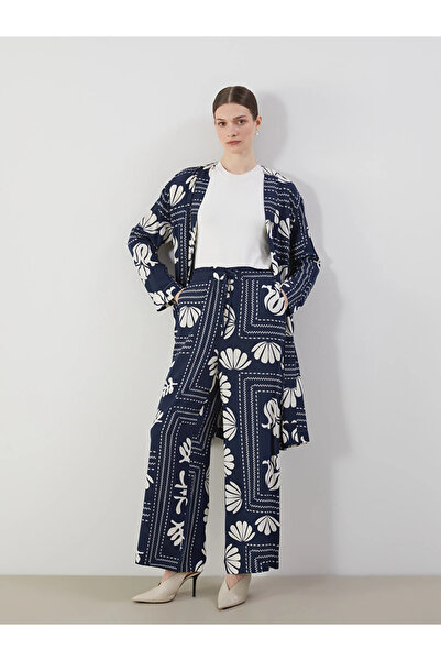 LC Waikiki Navy Blue Elastic Waist Patterned Wide Leg Women's Trousers
