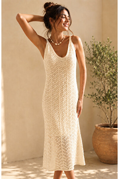 legends butik Women's V-Neck Openwork Knitted Knitwear Lined Maxi Dress - Sum...