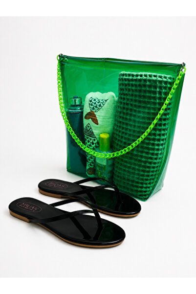 Fulian Women's Black Flip-Flops & Large Transparent Beach Bag Set – Summer Se...