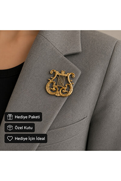 HER ŞEY NOTA www.herseynota.com Altın Renk Lir Figürlü Kadın Broşu Zarif Vint...