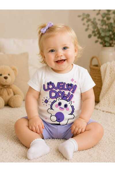 krm kerem bebe Lovely Day Unicorn Kız Bebek Şortlu Yazlık Alt-Üst Takım