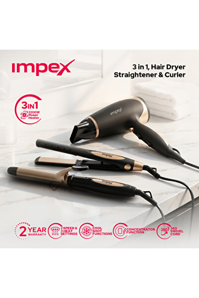 IMPEX مجموعة تصفيف الشعر HSK102، مجفف شعر ومملس ومجعد بقوة 2200 واط، 3 درجات ...