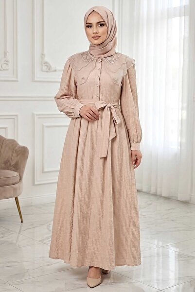 TOFİSA Yaka Dantel Detaylı Elbise Taş - 28508-TAS