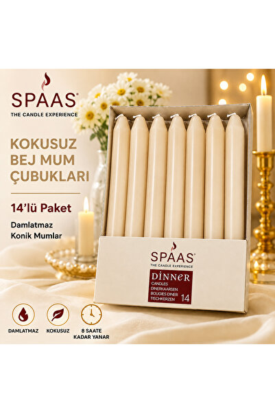 Spaas Kokusuz Damlatmaz Konik Şamdan Mumu 14'lü Paket – 8 Saat Yanma Süresi, ...