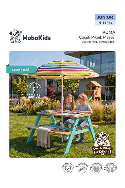 mobokids 4 Kişilik Çocuk Piknik Bankı Puma Masif Ahşap Junior 6 - 12 Yaş Şems...