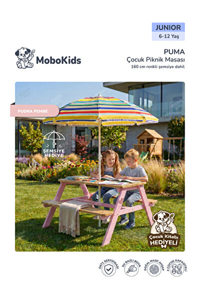 mobokids 4 Kişilik Çocuk Piknik Bankı Puma Masif Ahşap Junior 6 - 12 Yaş Şems...