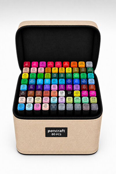 BEYZANA Pencraft Bej Çantalı Standlı 80 Adet Çift Taraflı Profesyonel Marker ...