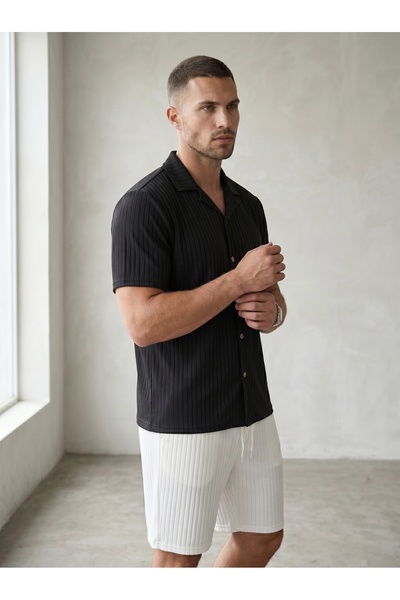 Altamira Men's Summer Short Sleeve Shirt Shorts Set Baby Black-White