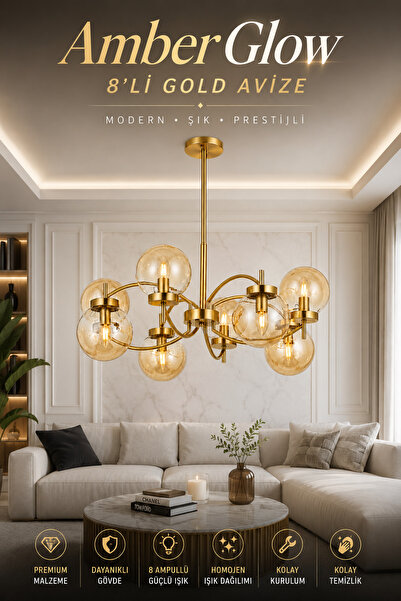 Elvora Home Modern (PREMİUM) Avize Gold Gövdeli Amber Camlı 8'li Lüks Sarkıt ...