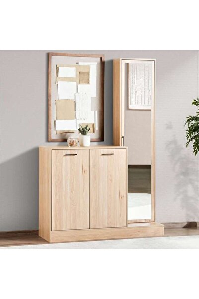 PAN HOME Convex Shoe Rack 16 Pairs With 2 Door And Tall Mirror - Walnut