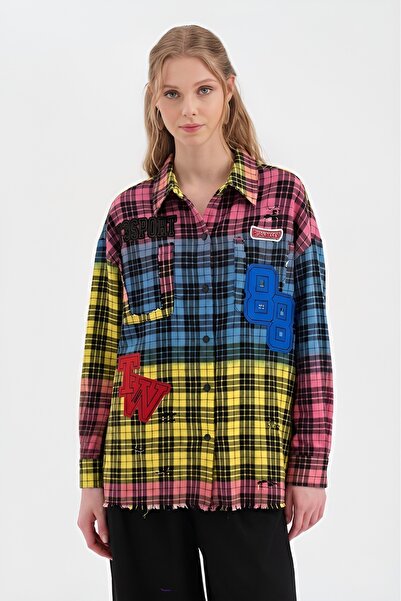 tw3 Women's Plaid Fabric Design Shirt with Print and Appliqué Embroidery Detail