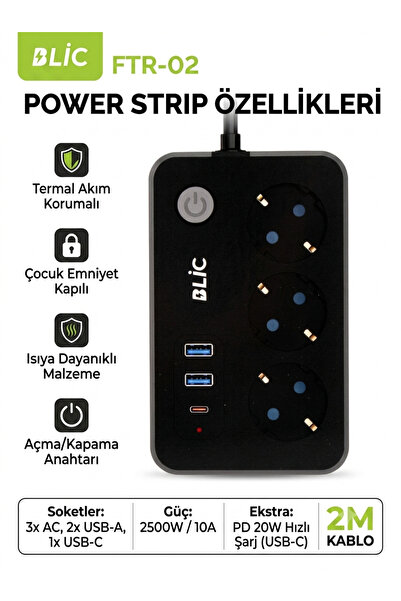 Hanedanev Termal Akım Korumalı 3'lü Priz 2 Metre - 2 USB + 1 Type-C Hızlı Şar...