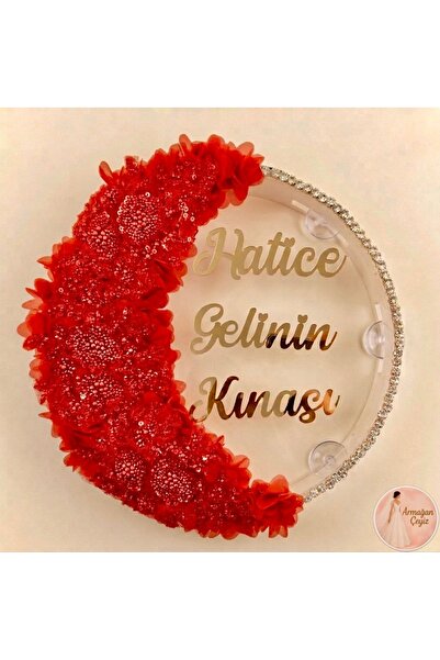 Elriya İsme Özel Şeffaf Gelin Tefi Yarım Ay Üç Boyutlu Çiçekli, Dantel Boncuk...