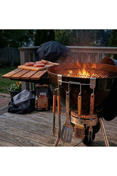 BBQ Suport metalic pentru ustensile – 4 cârlige, montare pe marginea grătarului