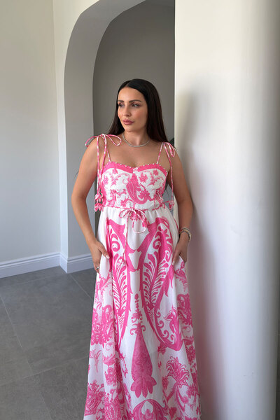 MAGARDE Rochie maxi cu perle brodate și model pe spate - ROZ