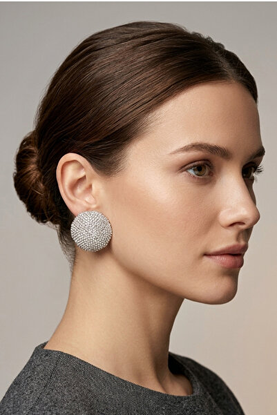 PETEK AKSESUAR Shiny Stone Evening Dress Round Earrings 3 Cm.