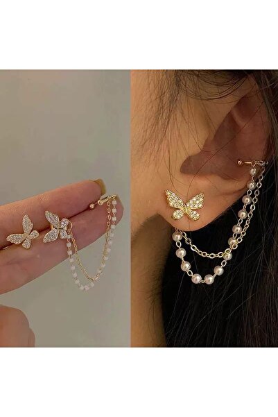 Glamluxe حلق أذن بلون ذهبي وردي مع سلسلة مزينة باللؤلؤ على شكل فراشة