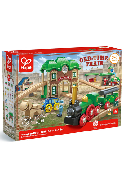Hape Jucarie din lemn - Gara retro cu tren varsta 2 ani+,3 ani+,6 ani+,8 ani+