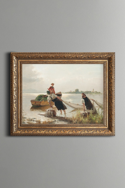epiqart Fishermen at Chiemsee Lake - Vintage Patterned Frame - Thick Model