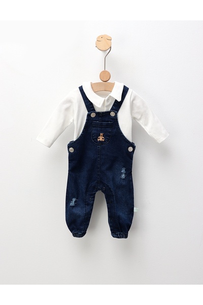 MiniKids Compleu cu salopeta de blug+bluza, alb-albastru