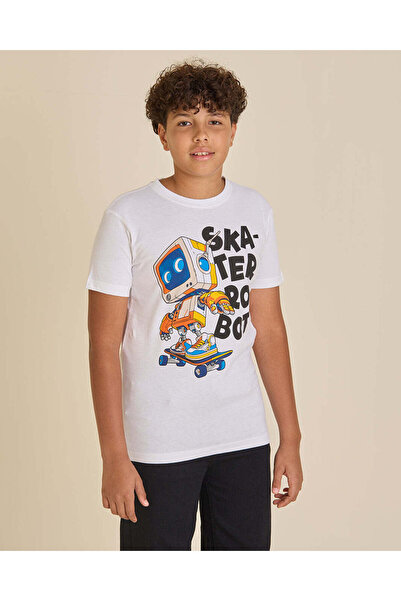 REDTAG Senior Boys White Printed T-Shirt