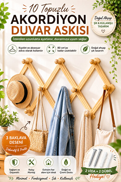 Binbirreyon 10 Topuzlu Ahşap Akordiyon Duvar Askısı 80cm Dübel Vida Dahil DE259