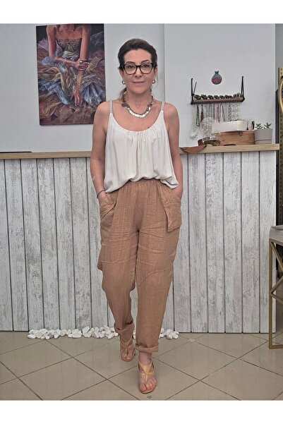 pudubutik Cep Detaylı İtalyan Keten Pantolon Camel