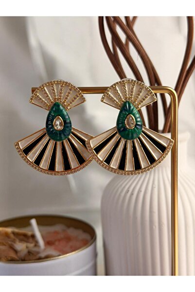 ANKA JEWELLRY Women's Steel Green Enamel Vintage Fan Design Gold Earrings
