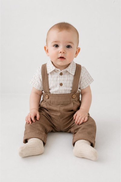 LUMİNO KİDS Baby Boy Salopet Set with Plaid Shirt and Suspender Overalls, Brown Summer Stylish Combination