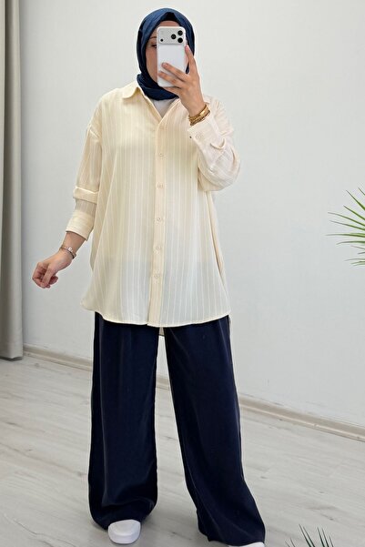 T Moda Store İkoll Basic Oversize Striped Shirt (Suitable for Sizes 38-46)