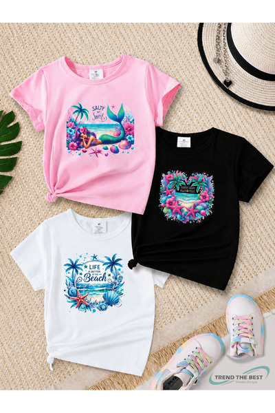 TREND THE BEST Trendin En İyisi Set de tricouri din 3 piese pentru fete, cu i...