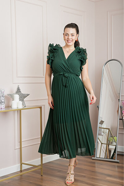 OEM Rochie plisata verde cu volane si cordon in talie