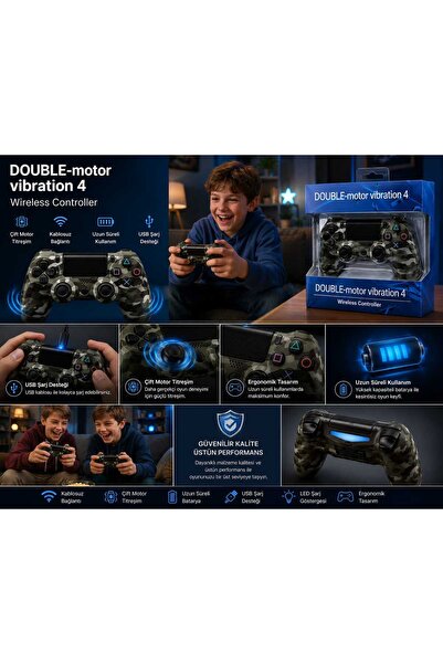 ABRAXTECH Kamufulaj PS4 Kablosuz Oyun Kolu Wireless Gamepad Çift Motor Titreş...