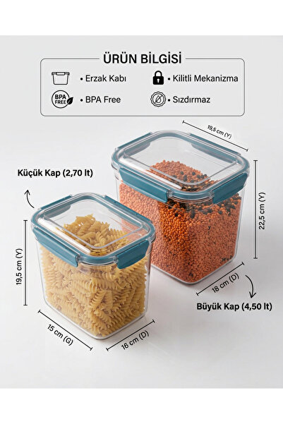 MAXİFRESH Kilitli-Sızdırmaz-Hava Almaz-2'li Erzak Kabı