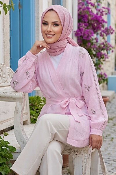 TOFİSA Pullu Kemerli Kimono Pembe - 28541-PEMBE