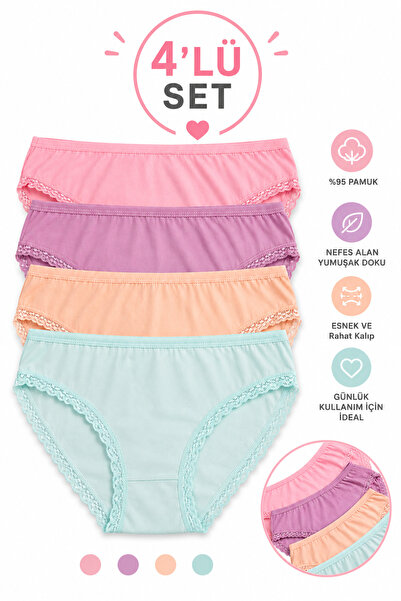 İpeksi 4-Piece Cotton Slip Panties with Lace, Lycra, Flexible and Soft
