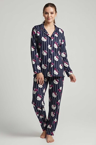 TOFİSA Bowknot Printed Pajama Set - 27942-Navy Blue
