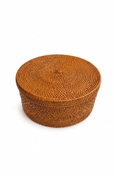 ipekbambuhome El Örgüsü Doğal Rattan Kapaklı Yuvarlak Organizer Sepet 30 cm H...