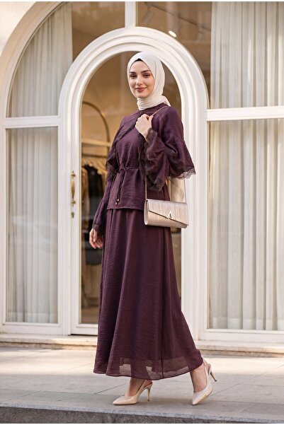 Modamorfo Lace Detailed Spanish Sleeve Lined Belted Tulle Voile Skirt Set - D...