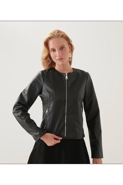Kadın slim fit fermuarlı yakasız deri ceket siyah