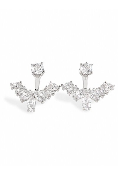 serelya Brass Silver Color Zircon Stone V Model Earrings